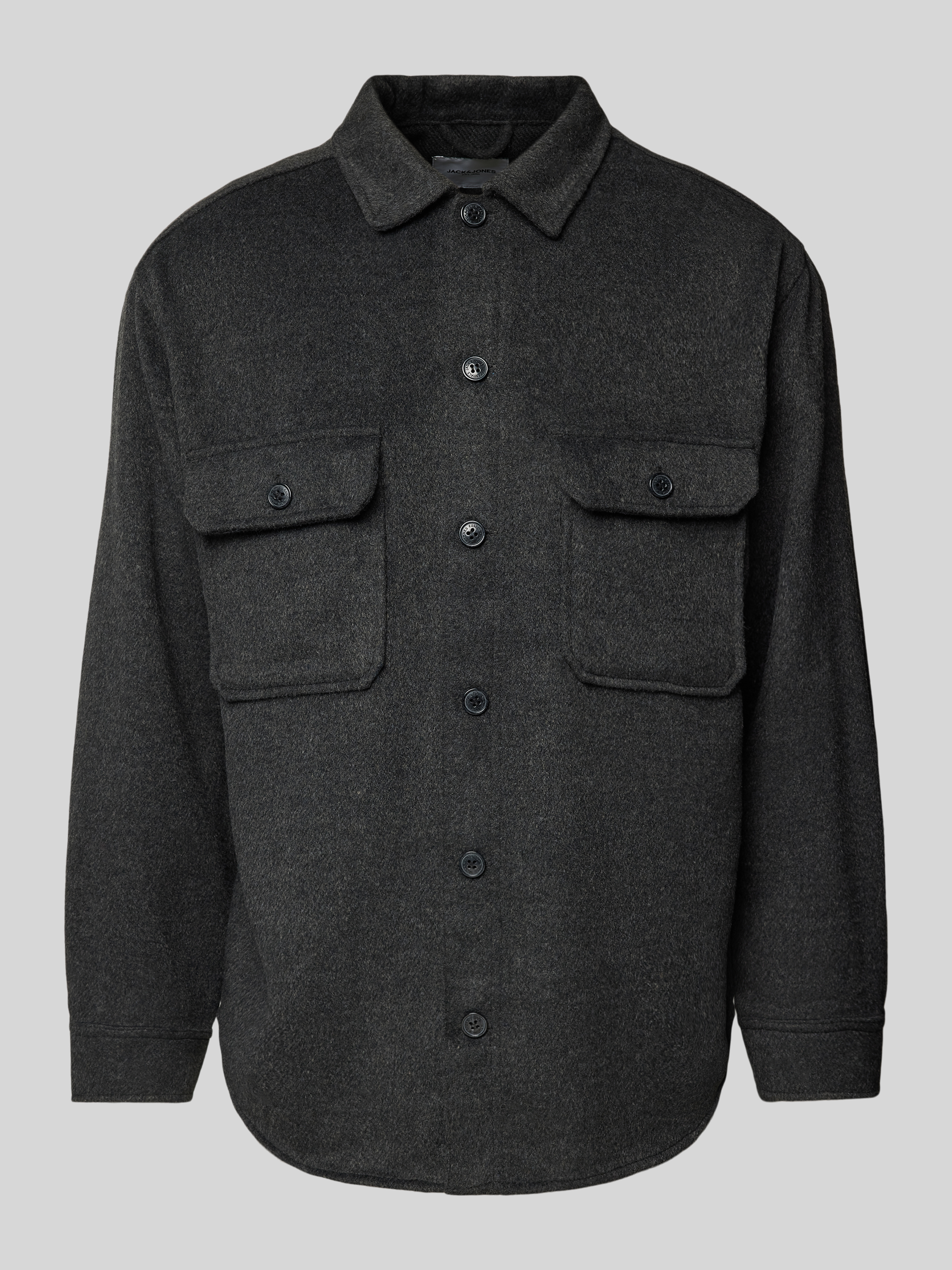 JACK & JONES ESSENTIALS loose fit overshirt JJEBRADLEY OLLIE met wol zwart