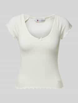 TOMMY JEANS Shirt met korte mouwen TJW SLIM VNECK GMD RIB SS met rolranden in vrouwelijke stijl