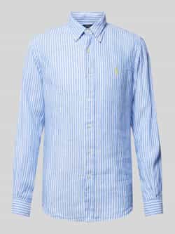 Ralph Lauren Heldere Blauwe Gestreepte Linnen Overhemd met Pony Borduursel Blue Heren