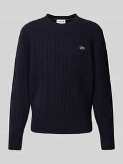 Lacoste Chunky Gebreide Ronde Hals Trui met Kabel Motief Blue Heren