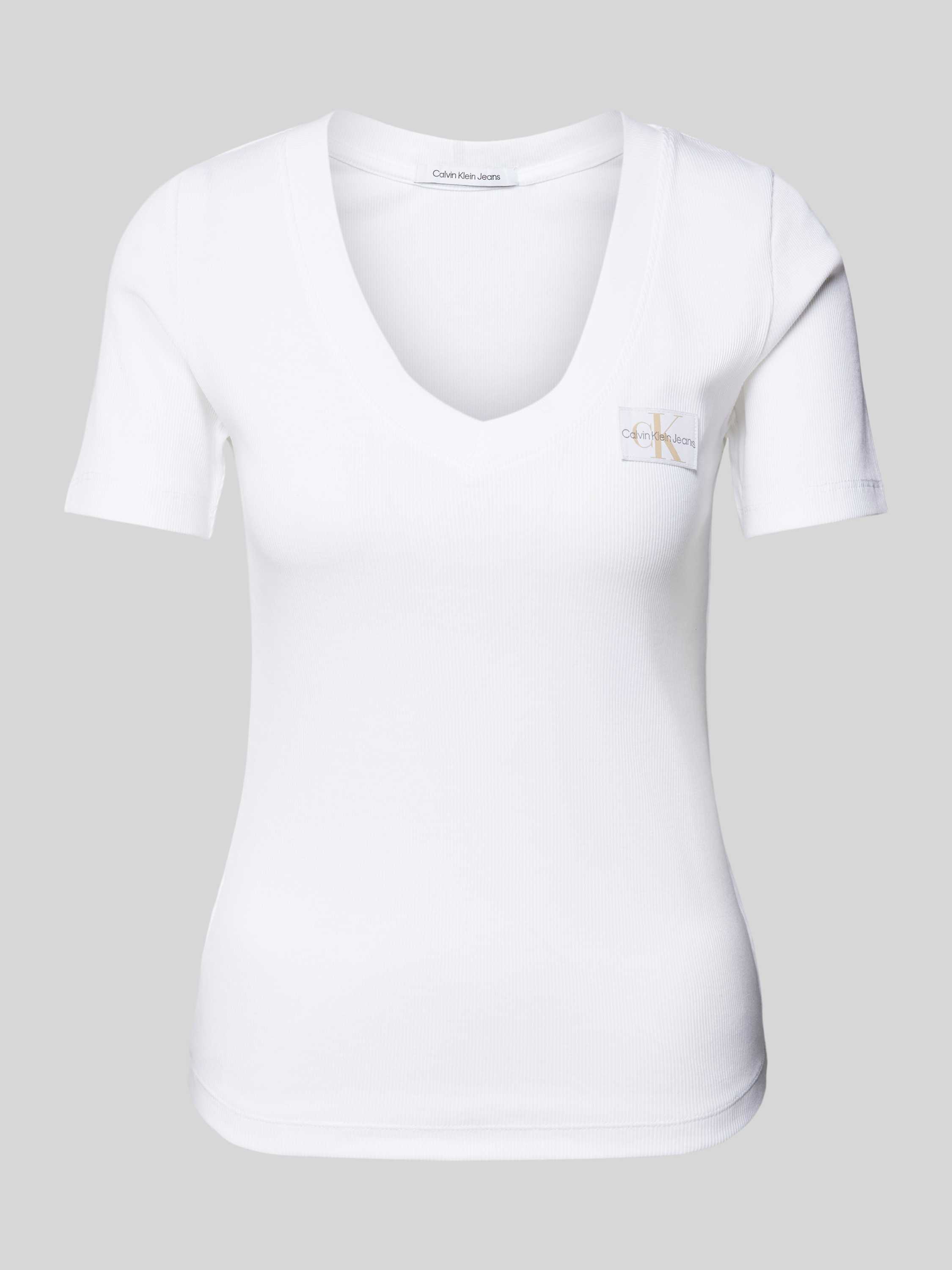 Calvin Klein Jeans Rib V-Neck T-Shirt Herfst Winter Collectie White Dames