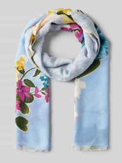 Liu Jo Blauwe sjaal met bloemenprint en rafelrand Blue Dames