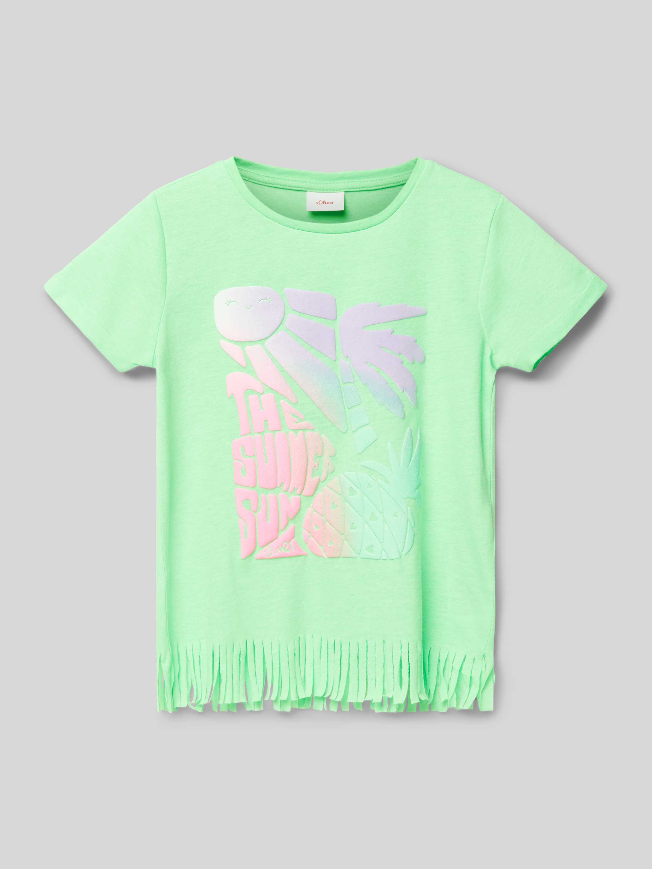 S.Oliver T-shirt met printopdruk en franjes neongroen Meisjes Polyester Ronde hals 104 110