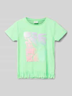 S.Oliver T-shirt met printopdruk en franjes neongroen Meisjes Polyester Ronde hals 104 110