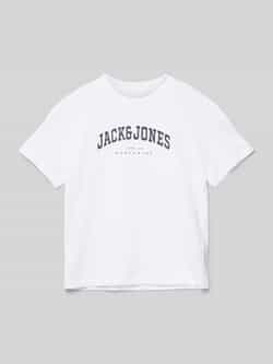 Jack & jones JUNIOR T-shirt JJECALEB VARSITY met logo wit Jongens Katoen Ronde hals 152