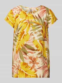 Soyaconcept blousetop met bladprint en plooien geel beige groen