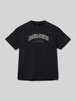 Jack & jones JUNIOR T-shirt JJECALEB VARSITY met logo zwart Jongens Katoen Ronde hals 152