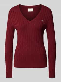 Gant Gebreide trui STRETCH COTTON CABLE V-NECK met logoborduursel op borsthoogte
