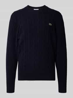 Lacoste Chunky Gebreide Ronde Hals Trui met Kabel Motief Blue Heren