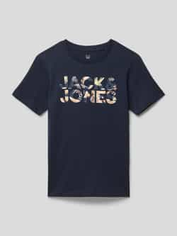 Jack & jones JUNIOR T-shirt JJEJEFF CORP met logo donkerblauw Jongens Biologisch katoen Ronde hals 152