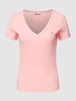 Tommy Jeans Geribbelde V-hals Katoenen T-shirt Pink Dames