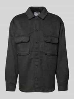 JACK & JONES ESSENTIALS loose fit overshirt JJEBRADLEY OLLIE met wol zwart