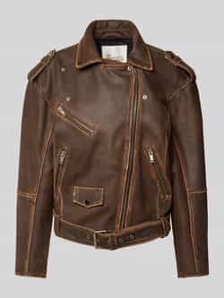 My Essential Wardrobe Bruin Retro Wash Leren Bikerjas Brown Dames