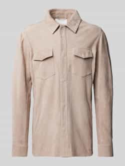 Profuomo Slim fit leren overhemd met klepzakken op de borst