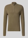 Profuomo Slim Fit Strickpullover aus Baumwoll-Mix mit Troyer-Kragen Dunkelgruen