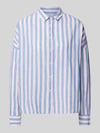 0039 Italy Bluzka lniana o kroju regular fit z obniżonymi ramionami Niebieski