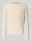 Fynch-Hatton Strickpullover mit Zopfmuster und Label-Stitching Offwhite