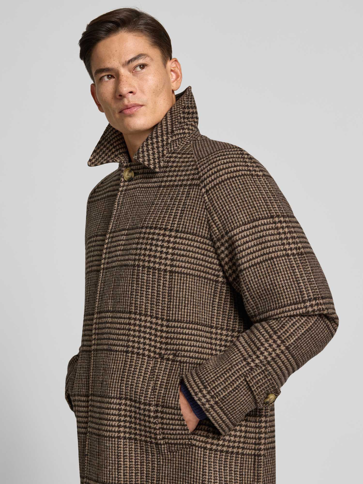 Tommy Hilfiger Herren Brown Camel Check Karierter Relaxed Fit Mantel Aus Wollmix - Bild 3