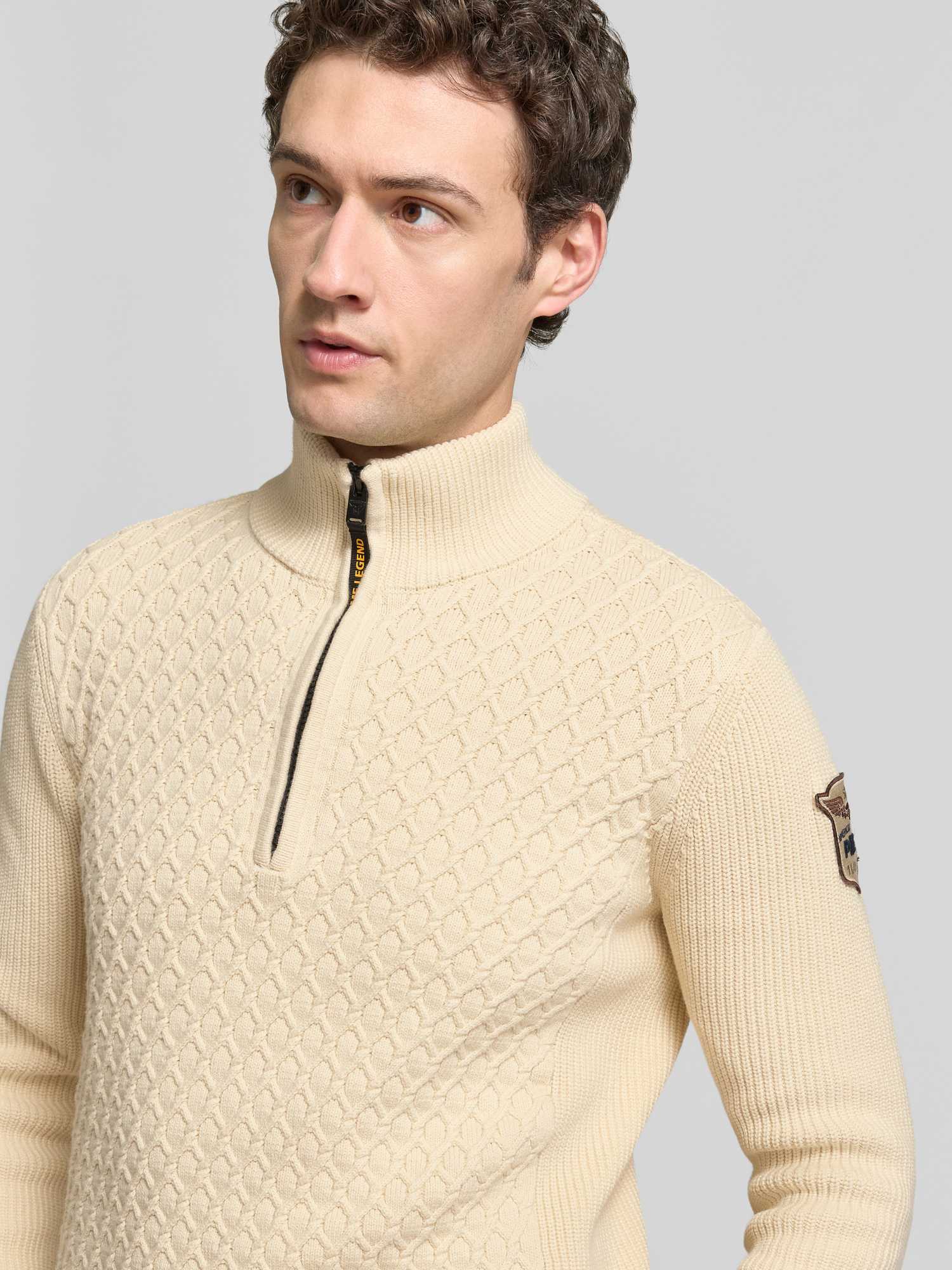 PME Legend Herren Strickpullover in Offwhite, Baumwoll-Mix mit Stehkragen, Größe XL, Slim Fit Passform für Herren - Bild 4
