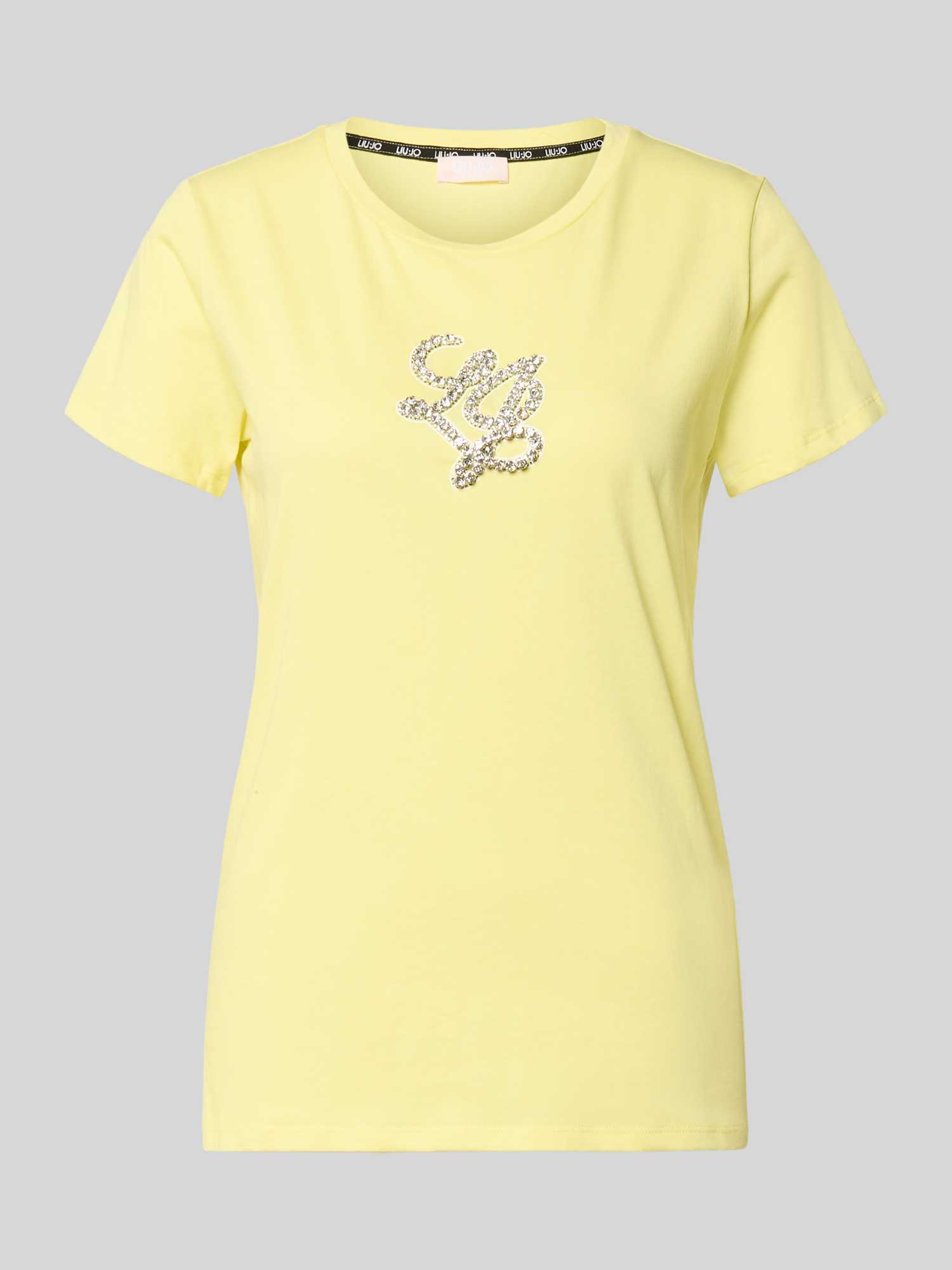 Liu Jo Sport Damen Hellgelb T-Shirt Mit Rundhalsausschnitt Und Strasssteinbesatz Klein