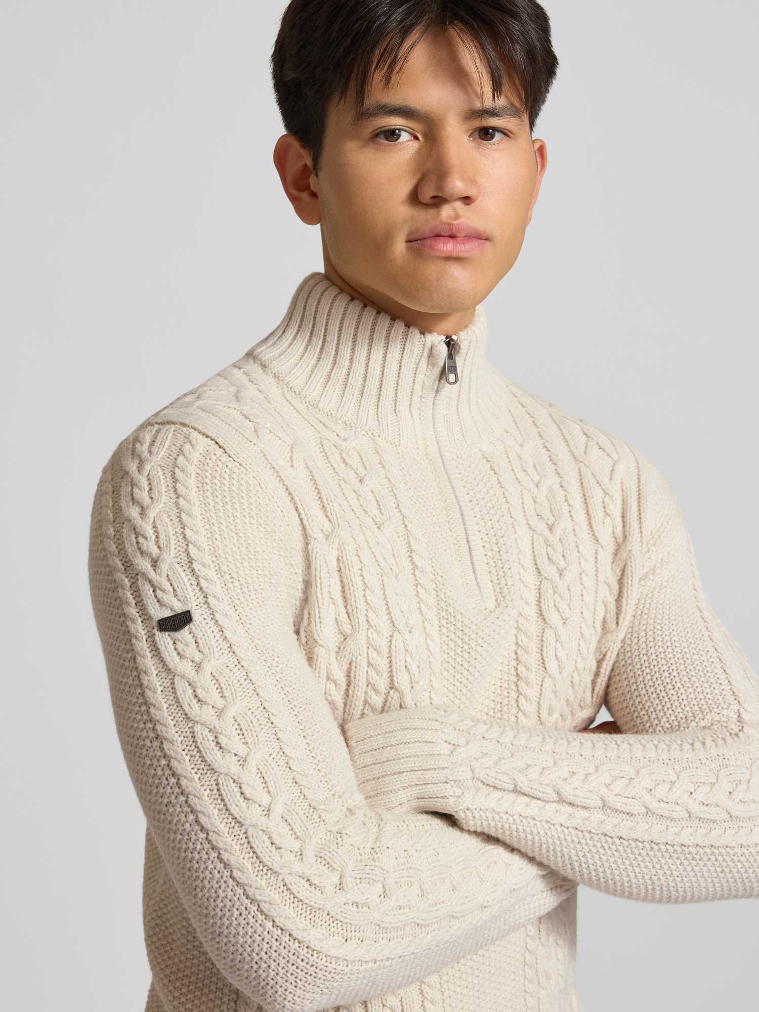 Super Dry Jacob Cable Half Zip Knit, Ecru - Bild 6