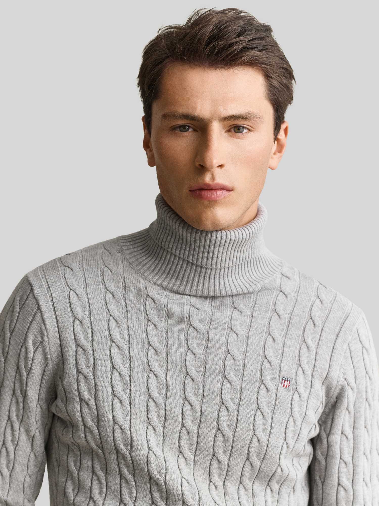 GANT Herren Rollkragenpullover mit Zopfmuster in Hellgrau Gr. S aus reiner Baumwolle - Bild 3