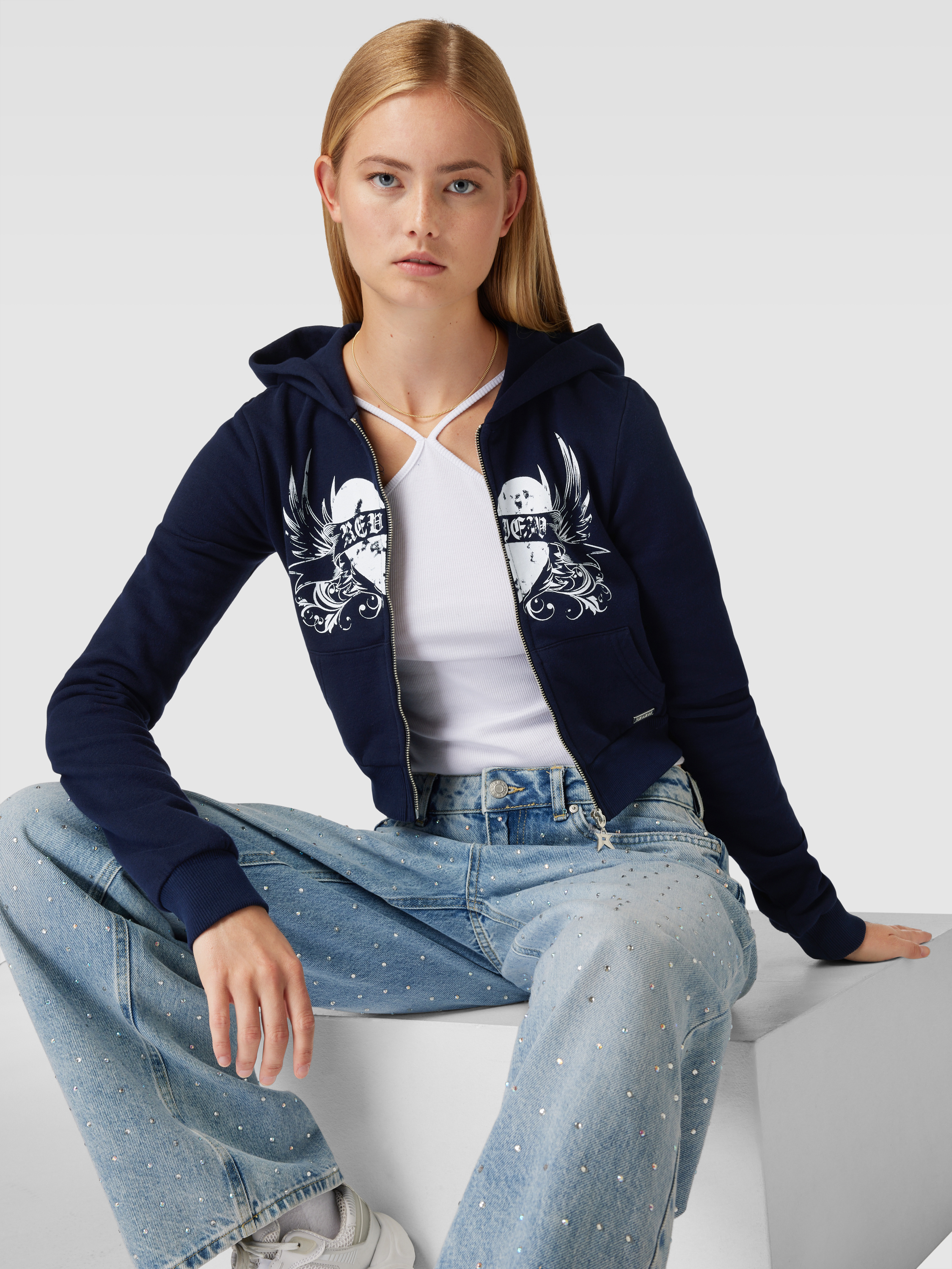 REVIEW Kort sweatjack ANGEL met print in marineblauw online kopen | P&C