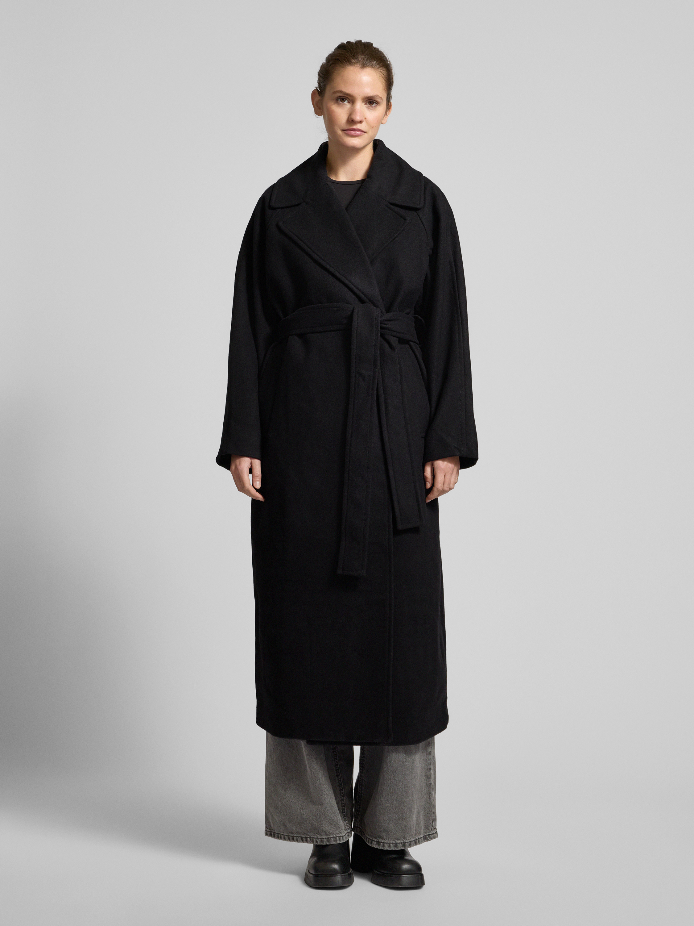 Lange damesjas, lange effen wollen jas, slim fit, warme