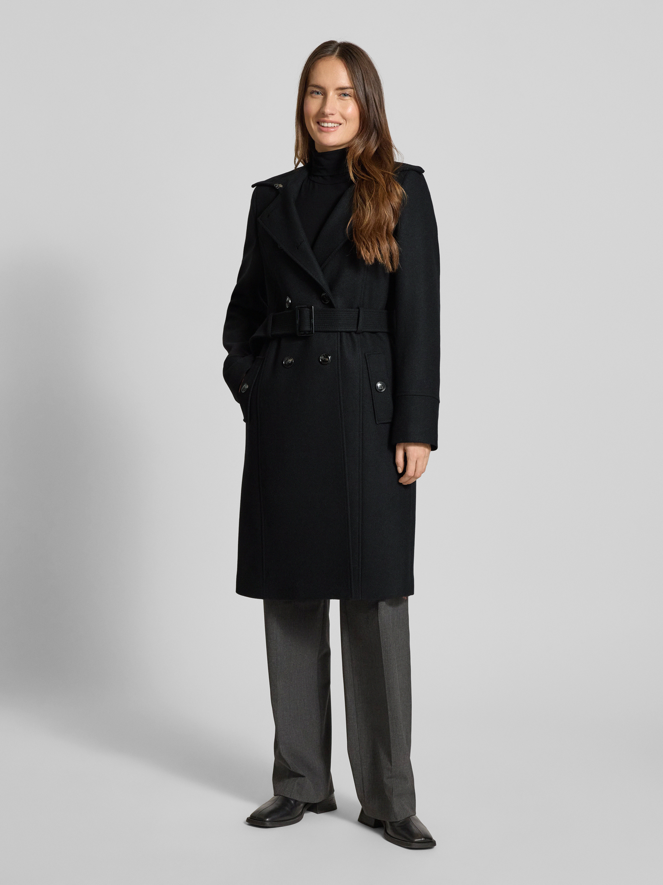Jake*s Collection Lange jas van wolmix met riem in zwart online