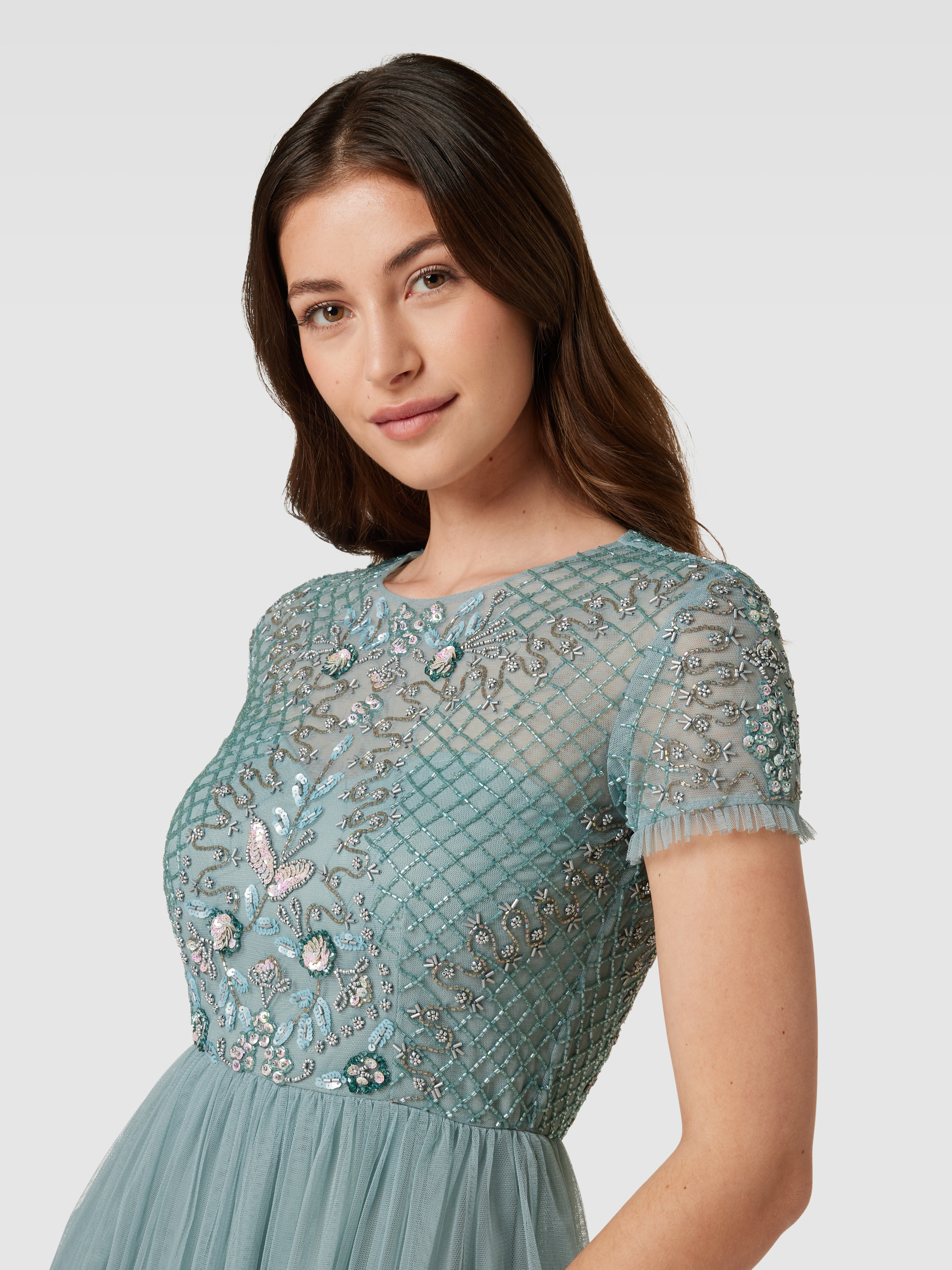 knee length dresses for ladies Keeva Grey Bridesmaid Maxi Dress – Lace & Beads main image 1