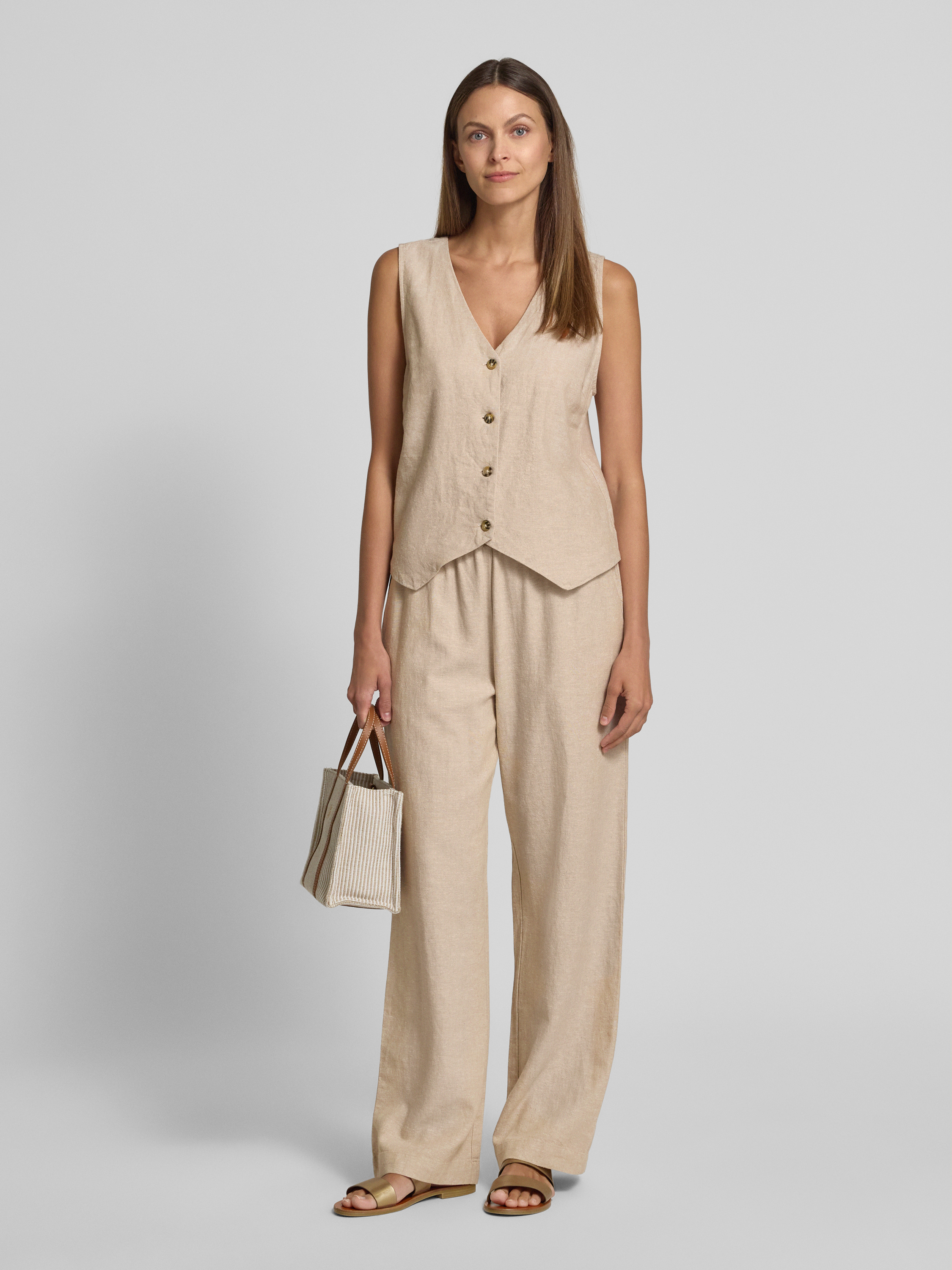 Linnen damesbroek, zomerbroek, wijde pijpen, katoen, linnen, zomerbroek, elastisch, hoge taille, vrijetijdsbroek, strandbroek, lang, lichte losse boho-broek met zakken, comfortabele stoffen broek