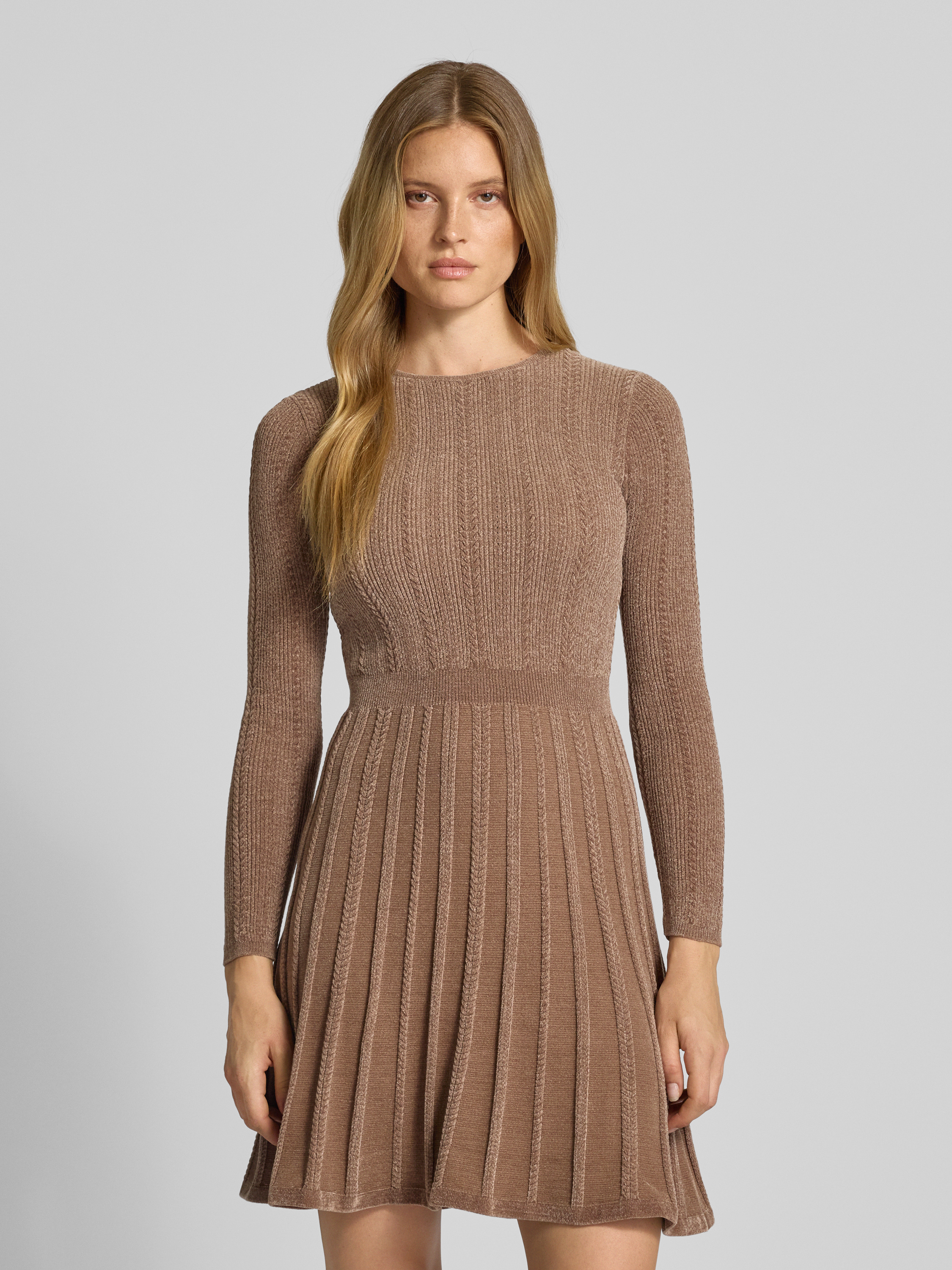 Generisch Mini-jurk voor dames, met ronde hals en vlechtpatroon, casual ronde hals, lange mouwen, patchwork, plissé, gebreide jurk, zwart, L