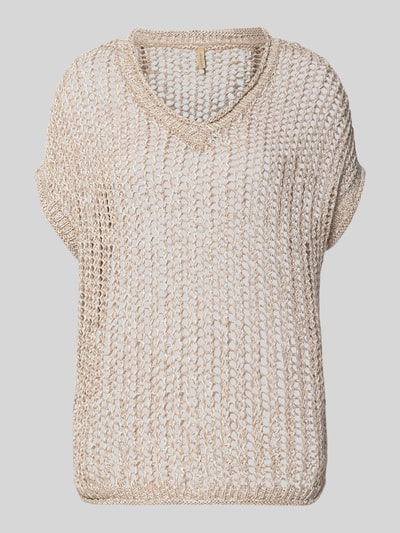 Produktfoto, Pullunder mit V-Ausschnitt Modell 'RUDY' von Soyaconcept aus Baumwoll-Mix im Relaxed-Fit, grob gestrickt, beige, 62 cm Rückenlänge, 4 cm Ärmellänge, Damen