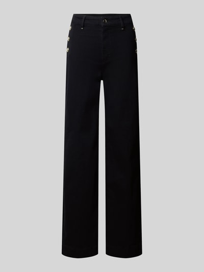 Produktfoto, High Waist Palazzo Jeans mit seitlichen Knöpfen von GUESS, Mieszanka bawełny z dodatkiem streczu, czarne, szerokie nogawki, metalowe guziki, Szerokość w rozmiarze 27/32: 38 cm, Długość wewnętrzna nogawki 81 cm