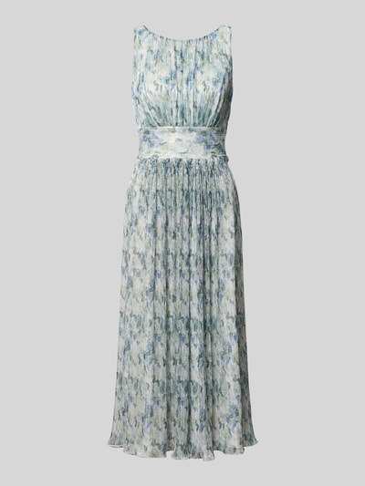 Produktfoto, Cocktailkleid mit U-Boot-Ausschnitt von Swing, Taillierte Passform, Midikleid mit Raffung, Rückenlänge 118 cm, Brustweite 33 cm, Reißverschluss Rückseite, zartes florales Muster in Hellblau und Weiß, strukturierte Oberfläche