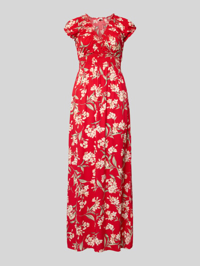Produktfoto, Maxikleid aus Viskose mit V-Ausschnitt und Smok-Details von Apricot, rood met bloemmotief, getailleerd model, zuiver viscose, V-hals, smokdetail, ruglengte maat S 121 cm, borstwijdte maat S 38 cm