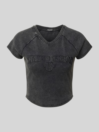 Produktfoto, dunkelgraues Slim Fit Crop Top aus Baumwoll-Mix Modell 'ribbed baby' von TRUE RELIGION, dezente Waschungen, Damen Crop Top