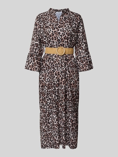 Produktfoto, dames midi-jurk met getailleerd model, serafinohals, korte knoopsluiting, riem, trompetmouwen, volantzoom, Midikleid met Gürtel Modell 'Ol44ivi' van ZABAIONE, luipaardprint, zachte stoftextuur