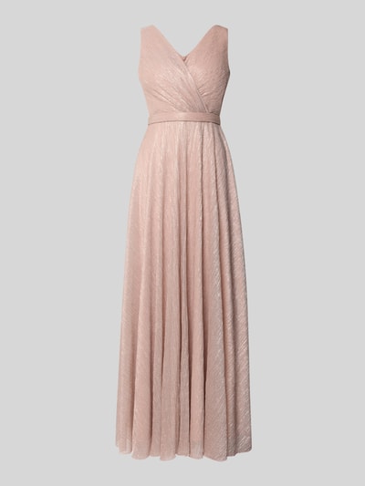 Produktfoto, Schimmerndes Abendkleid mit V-Ausschnitt von TROYDEN COLLECTION, długi fason, krój slim fit, pasek w talii, zamek z tyłu, różowe odcienie, tekstura połyskująca, długość tyłu w rozmiarze 36: 160 cm, szerokość w rozmiarze 36: 45 cm