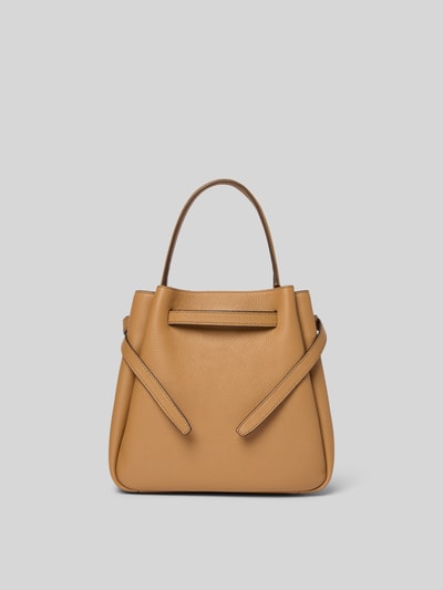 Produktfoto, Bucket Bag mit Logo-Detail von Tory Burch aus beigem Leder mit kurzem Tragehenkel, Hauptfach mit Zugband, 22x22x11 cm.