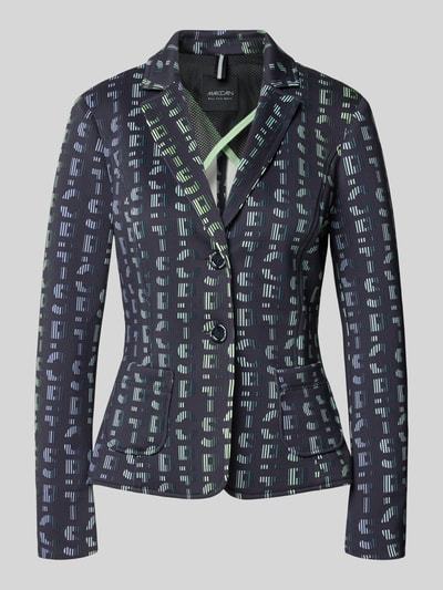 Produktfoto, Slim Fit Blazer mit Logo-Detail von Marc Cain, elastischer Material-Mix, blau-grünes Muster, Reverskragen, 2-Knopfleiste