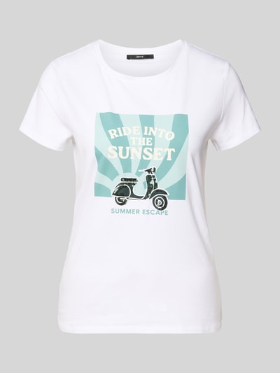 Produktfoto, T-Shirt mit Motiv-Print und Rundhalsausschnitt von Zero aus Baumwoll-Elasthan-Mix in Weiß, Regular-Fit, Motiv-Print vorn