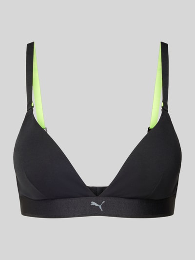 Produktfoto, Bralette in Triangel-Form mit verstellbaren Trägern von PUMA, bawełna z domieszką elastanu, dopasowany krój, hakowe zapięcie, czarny kolor, neonowe akcenty