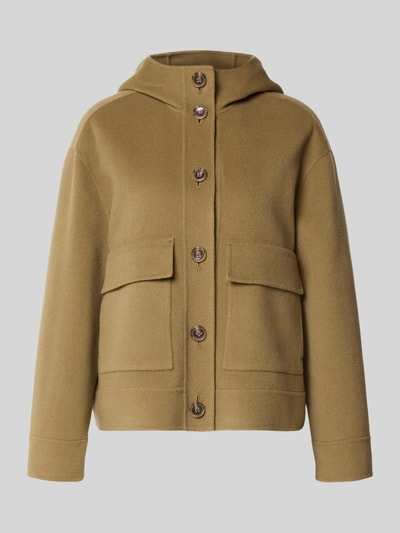Produktfoto, Jacke aus Schurwoll-Mix mit Pattentaschen von Luisa Cerano in Camel mit Kapuze, Knopfleiste, Regular-Fit, Struktur weich. Rückenlänge bei Größe 36: 61 cm, Schulterbreite: 49 cm, Brustweite: 55 cm, Ärmellänge: 55 cm