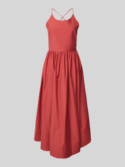 Produktfoto, Midikleid mit Eingrifftaschen Modell 'COVER' von SUNCOO PARIS, bawełna-mix, A-linia, ramiączka spaghetti, sznurowane z tyłu, długość tyłu w rozmiarze S: 114 cm, szerokość w rozmiarze S: 37 cm, kolor czerwony, gładka tekstura