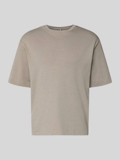 Produktfoto, T-Shirt mit Logo-Print und Rundhalsausschnitt von Profuomo aus reiner Bio-Baumwolle in Beige, Relaxed Fit, glatte Oberfläche.