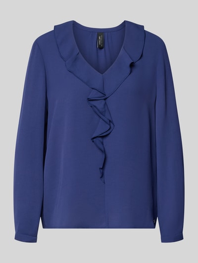 Produktfoto, Relaxed Fit Bluse mit Rüschenbesatz von Marc Cain in Dunkelblau mit V-Ausschnitt und langärmeligem Design, Rückenlänge 58 cm, Ärmellänge 61 cm bei Größe 36, Damen Bluse, glatte Oberfläche, klare Linien