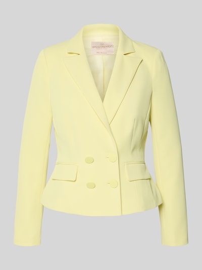 Produktfoto, Blazer mit Reverskragen und doppelreihigem Knopfverschluss von Rinascimento in zartem Gelb, taillierter Schnitt, glatte Textur, Material-Mix mit Stretch-Anteil, Pattentaschen, Rückenlänge bei Größe S 53 cm.
