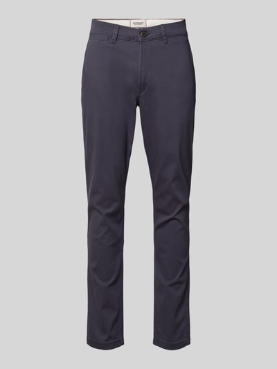 Produktfoto, Slim Fit Hose mit Gesäßtaschen Modell 'MARCO' von Jack & Jones, bawełna z elastanem, krój slim fit, Szerokość w rozmiarze 32/32: 42 cm, długość nogawki od wewnątrz: 78 cm, granatowa, gładka tekstura
