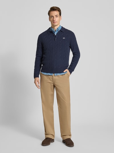 Gant Slim Fit Longsleeve aus reiner Wolle Modell 'Cable' Dunkelblau 1